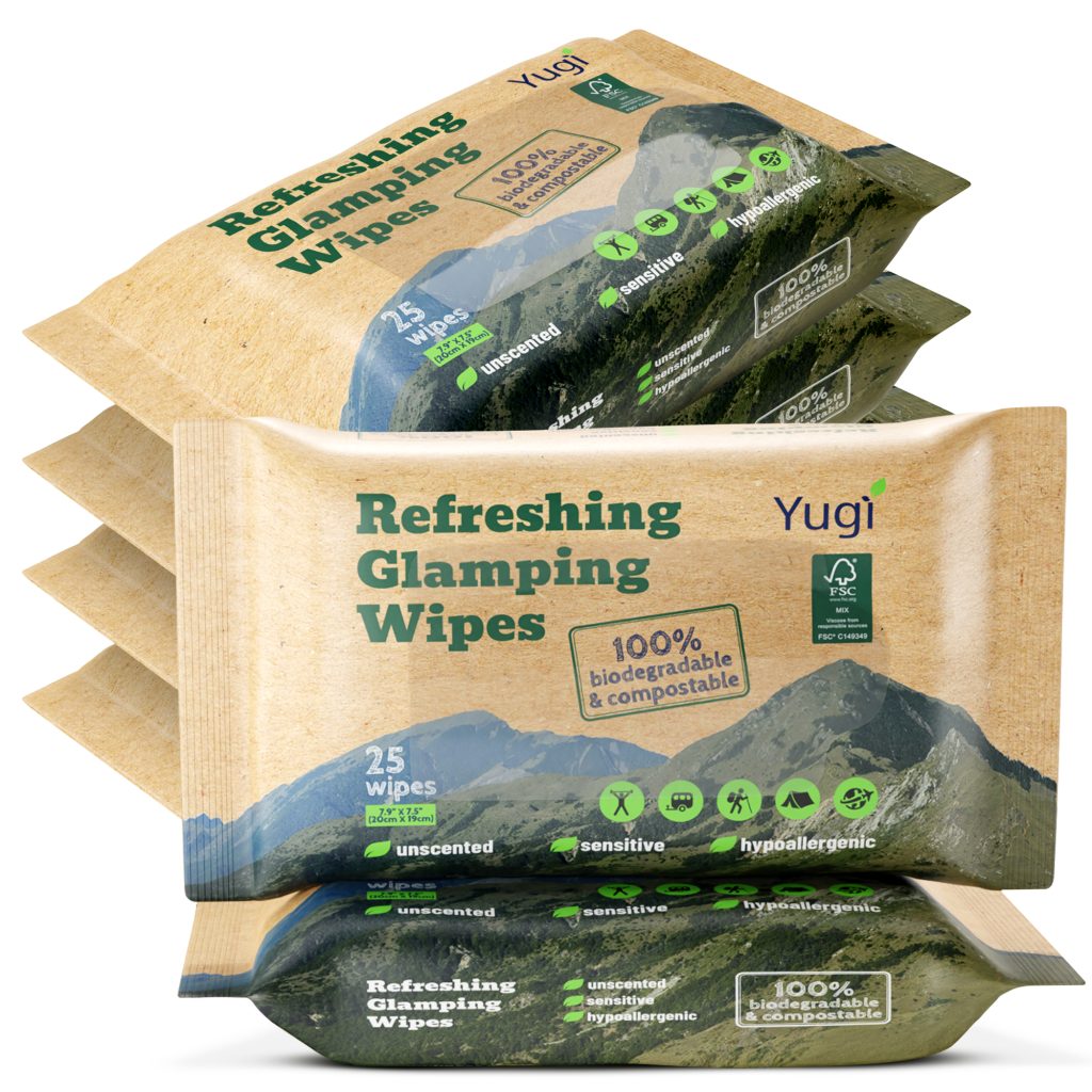 Yugi Biodegradable wet wipes, Face and Body Wipes for Camping (6 packs